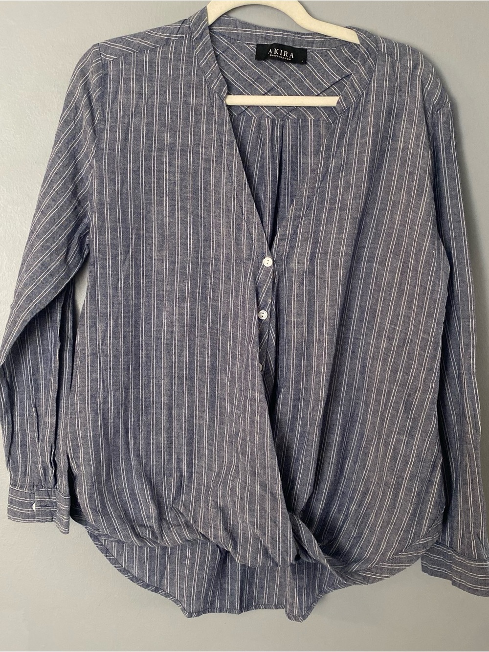 Akira Navy Stripe Long-Sleeve Button Front Top 100% cotton SZ L